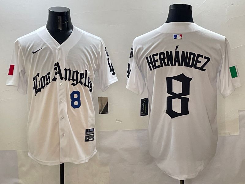 Men Los Angeles Dodgers #8 Hernandez White Five generations Joint Name 2025 Nike MLB Jersey style 3